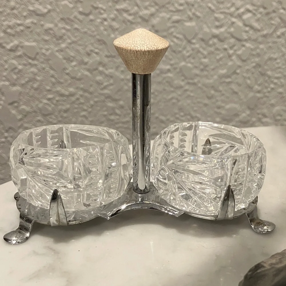 Vintage Crystal Dual Salt Cellars with Stand